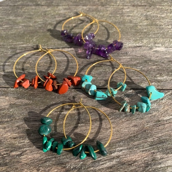 Red Jasper Gemstone Gold Hoop Earrings - Picture 4 of 5